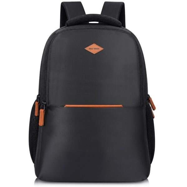 Half Moon Luxe 35L Professional Business Laptop Backpack for Men Office Use | Water Resistant 15.6" Tech Bag with Tan Vegan Leather Trims & Air Mesh Back